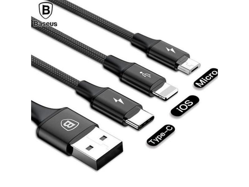 Кабель 3-в-1 Baseus Rapid Series (Микро+Lightning+Type-C) 3A 1.2M чёрный CAMLT-SU01