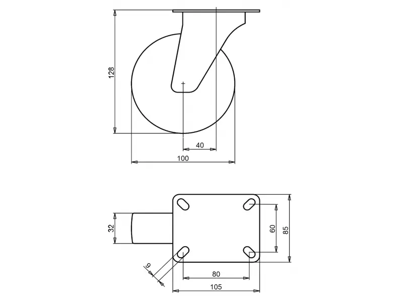 Roată pivotantă Ø100 x W32mm la 80kg